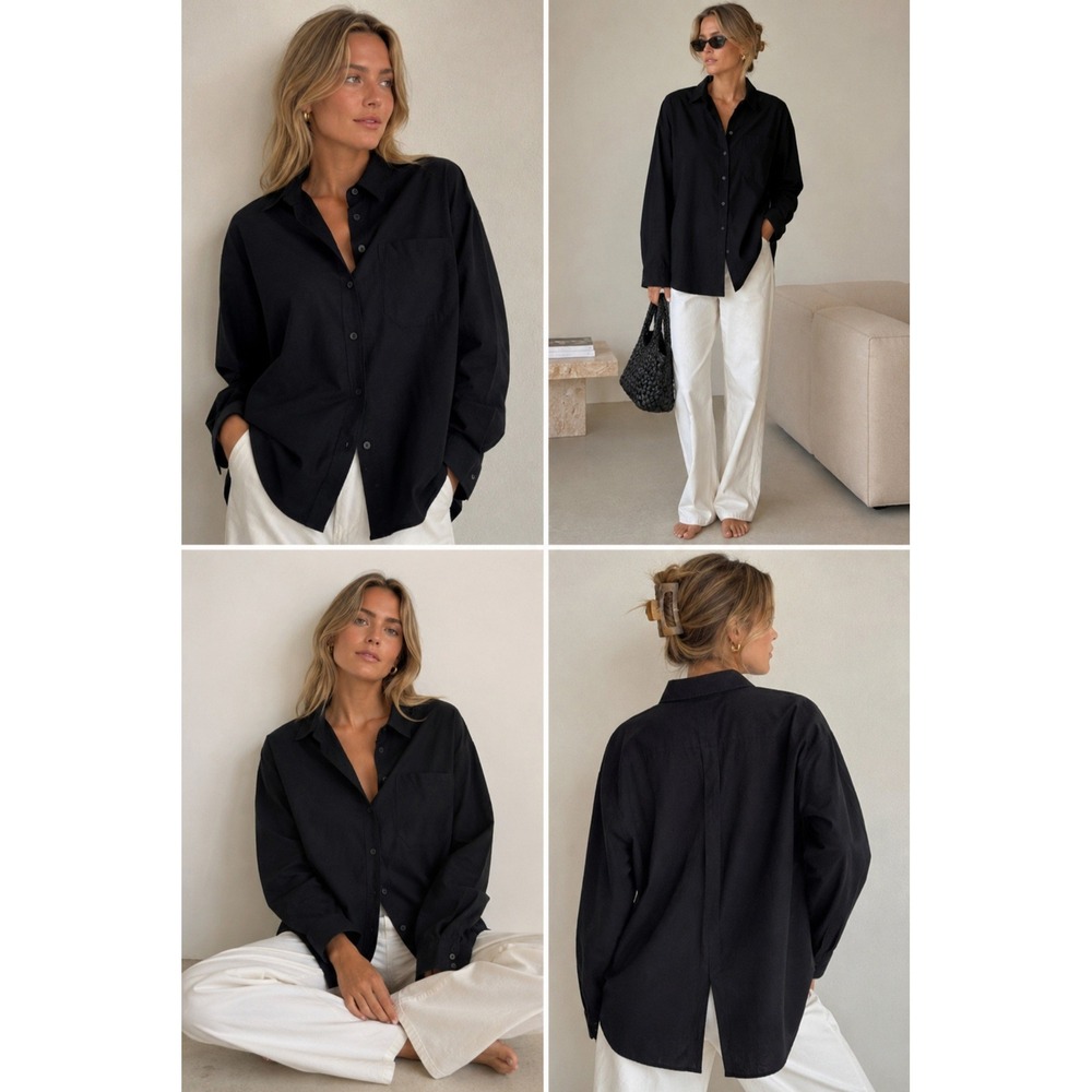 Djerf Avenue Breezy Shirt Black Organic Cotton Oversized Button Down Portugal XS